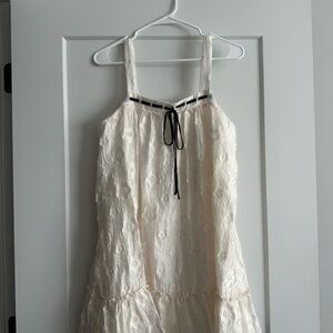 Cream Floral Textured Dress with Black Ribbon